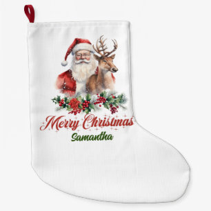 Classic red holly berries Santa with reindeer Large Christmas Stocking