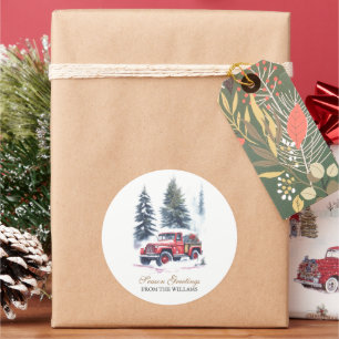 Classic Red Jeep snow Christmas Tree Personalised  Classic Round Sticker
