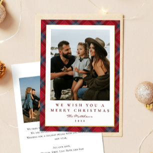Classic Red Navy Tartan Photo Gold Christmas Foil Holiday Card