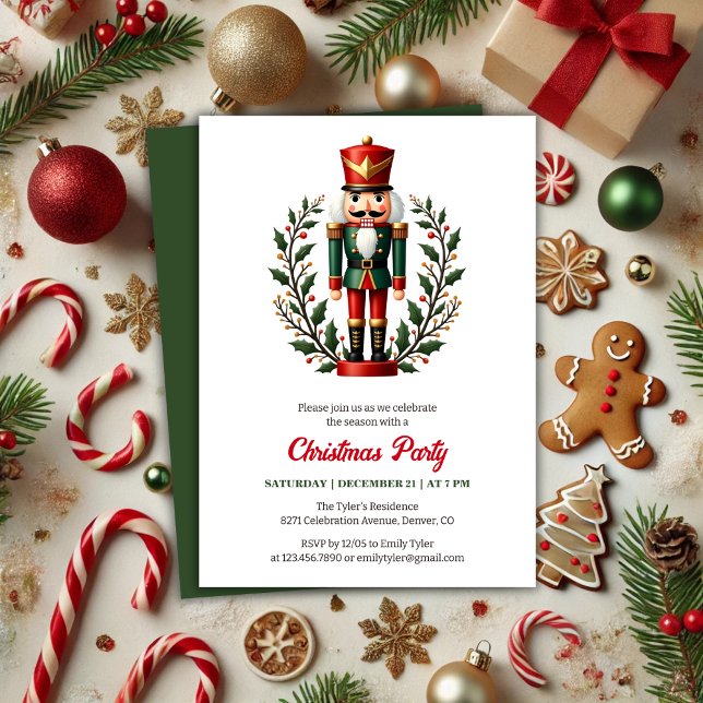Classic Red Nutcracker Themed Christmas Party Invitation (Classic Red, White and Green Nutcracker Themed Christmas Party Invitation)