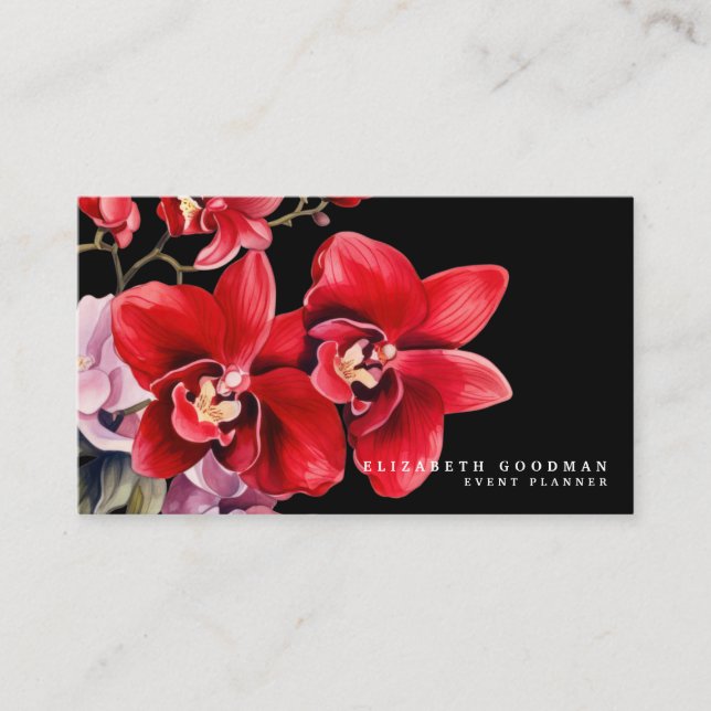 Classic Red Orchids Black Business Cards (Front)