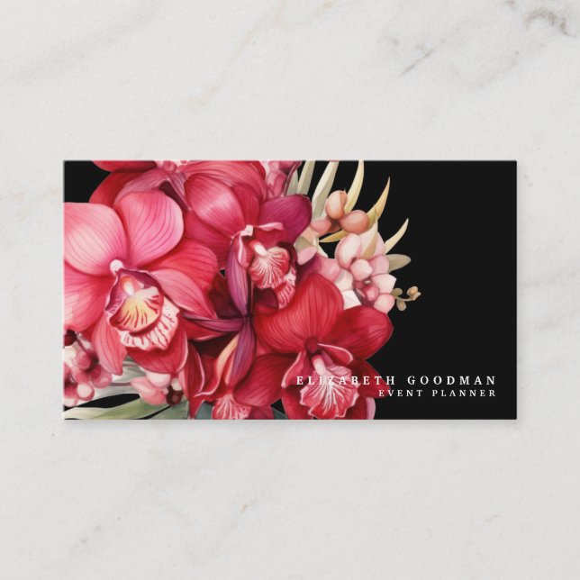 Classic Red Orchids Black Business Cards (Front)