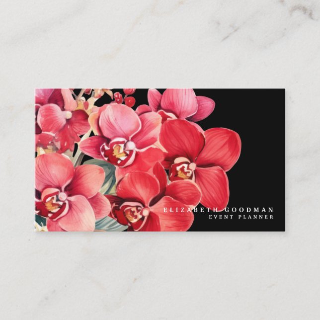Classic Red Orchids Black Business Cards (Front)