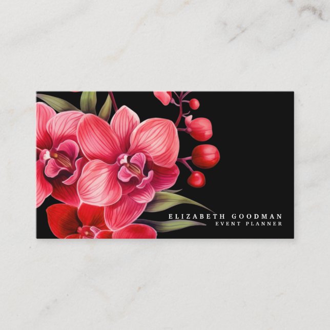 Classic Red Orchids Black Business Cards (Front)