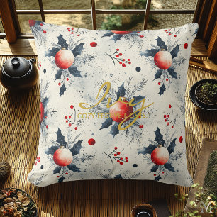 Classic Red Ornaments & Holly – Elegant Christmas Cushion