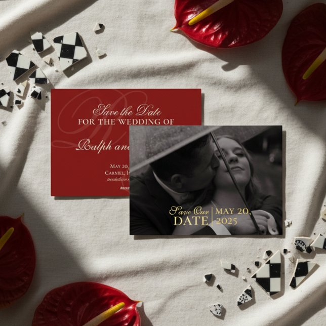 Classic Red Photo and Foil Wedding Save the Date (Luxury Classic Red Wedding Suite Theme with options to personalize for your special day!)