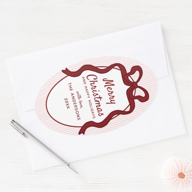 Classic Red Pink Stripes & Bow Frame Christmas  Oval Sticker (Envelope)