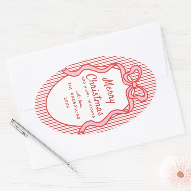 Classic Red Pink Stripes & Bow Frame Christmas  Oval Sticker (Envelope)