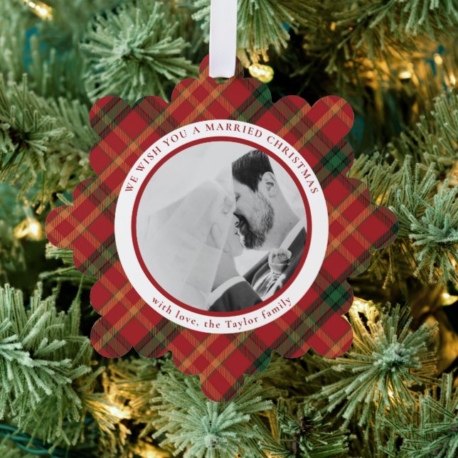 Classic Red Plaid Christmas Photo Ornament Card  (Insitu (Tree))