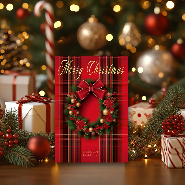 Classic Red Plaid Christmas Wreath Folded Card (Beautiful Classic Red Christmas Wreath Tartan Christmas Greeting Card )