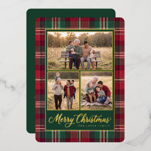 Classic Red Plaid Merry Christmas Photo Collage Foil Holiday Card