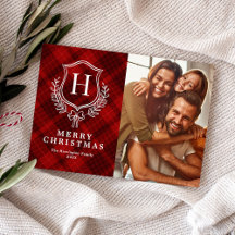 Classic Red Plaid Monogram Photo Christmas