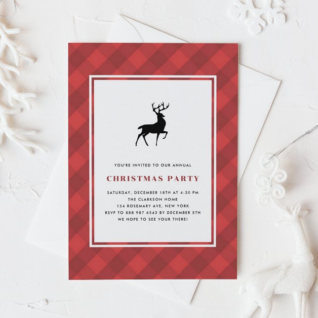 Classic Red Plaid Pattern Deer Christmas Party Invitation (Creator Uploaded)