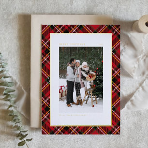 Classic Red Plaid Pattern Merry Christmas Photo Foil Holiday Card