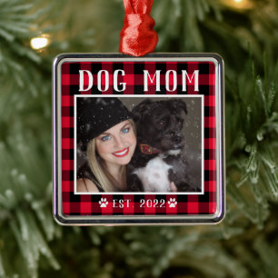 Classic Red Plaid Personalised Dog Mum Photo Metal Ornament