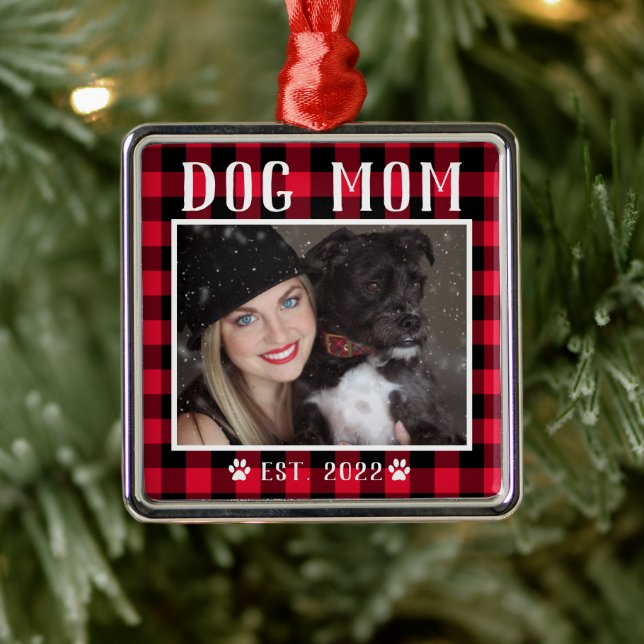 Classic Red Plaid Personalised Dog Mum Photo Metal Ornament (Tree)