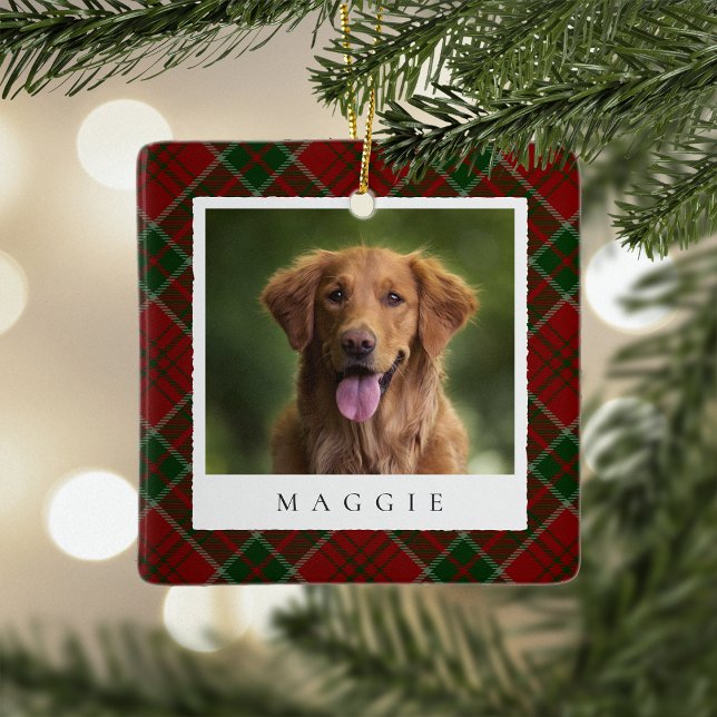 Classic Red Plaid Personalised Pet Dog Photo Ceramic Ornament (Creator Uploaded)