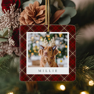 Classic Red Plaid Personalised Pet Dog Photo Ceramic Ornament