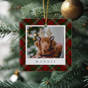 Classic Red Plaid Personalised Pet Dog Photo Ceramic Ornament