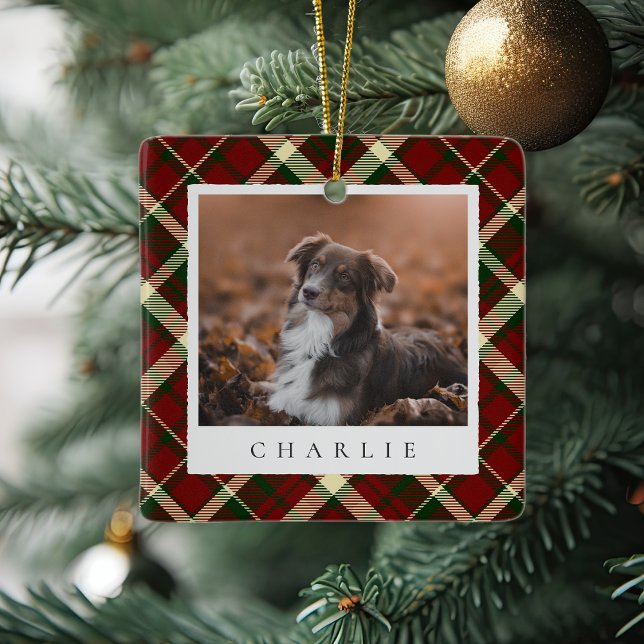 Classic Red Plaid Personalised Pet Dog Photo Ceramic Ornament (Creator Uploaded)