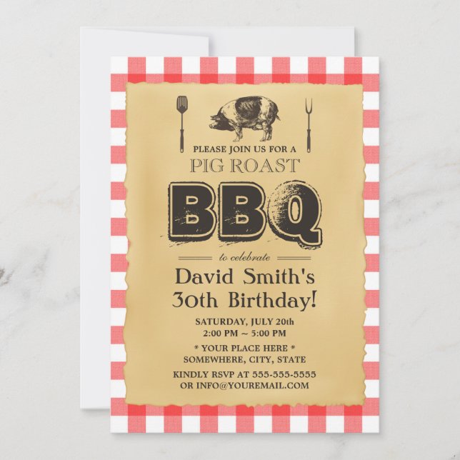 Classic Red Plaid Pig Roast BBQ Birthday Party Invitation (Front)