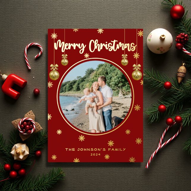 Classic Red Plaid Snowflakes Merry Christmas Photo Foil Holiday Card (Creator Uploaded)
