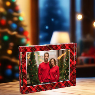 Classic Red Plaid Tartan Christmas Family Photo Block
