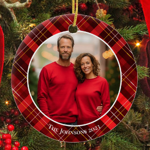 Classic Red Plaid Tartan Christmas Family Photo Ceramic Ornament
