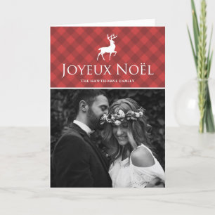 Classic Red Plaid with Deer Joyeux Noël Photo Holiday Card