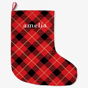 Classic Red Plaid with Name Holiday  Large Christmas Stocking