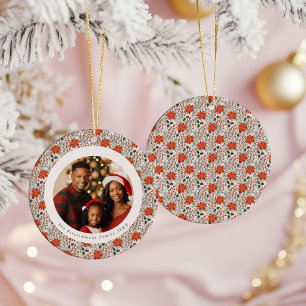 Classic Red Poinsettia 1 Family Photo Christmas Ceramic Ornament