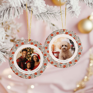 Classic Red Poinsettia 2 Family Photos Christmas Ceramic Ornament