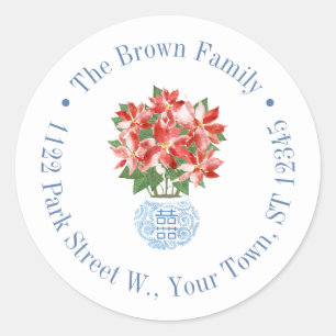 Classic Red Poinsettia Christmas Return Address Round Sticker
