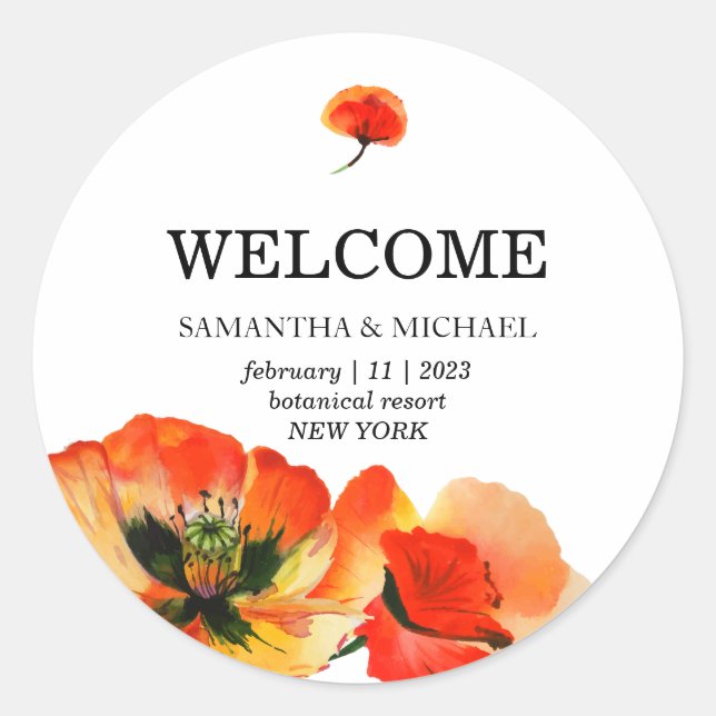 Classic Red Poppy Flower Wedding Round Sticker (Front)