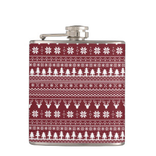 Classic Red Reindeer Christmas Sweater Pattern Hip Flask