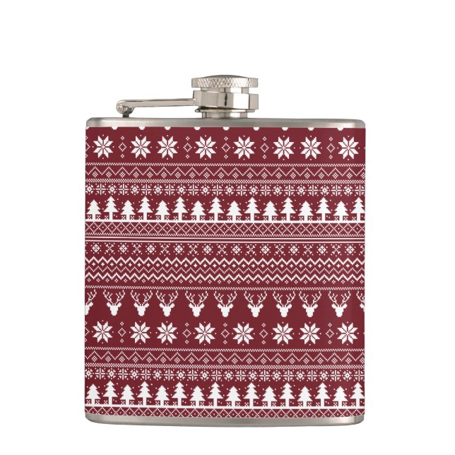 Classic Red Reindeer Christmas Sweater Pattern Hip Flask (Front)