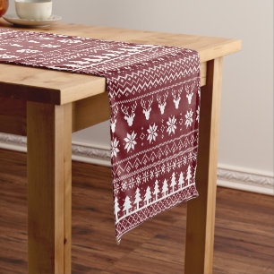 Classic Red Reindeer Christmas Sweater Pattern Short Table Runner