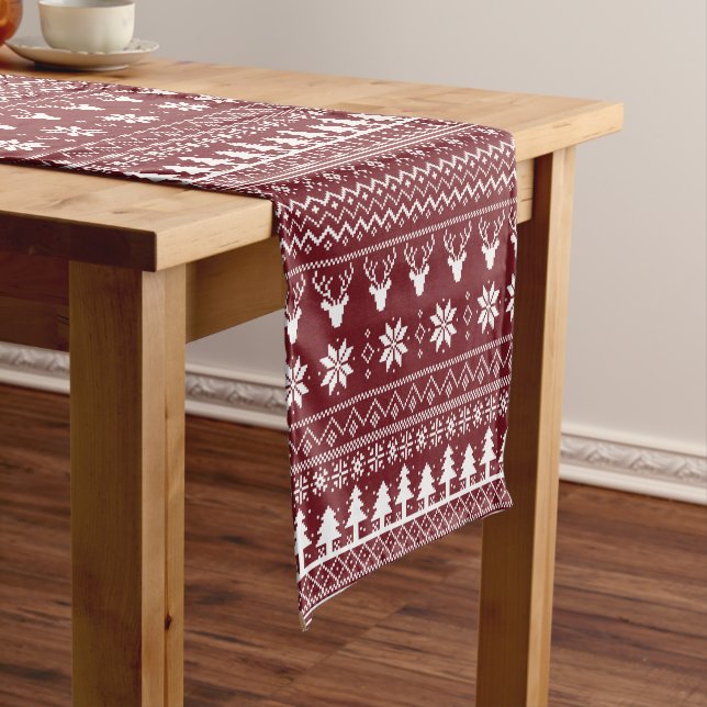 Classic Red Reindeer Christmas Sweater Pattern Short Table Runner (In Situ)