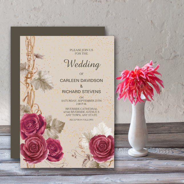 Classic Red Rose and Grape Vine Wedding Invitation (Creator Uploaded)