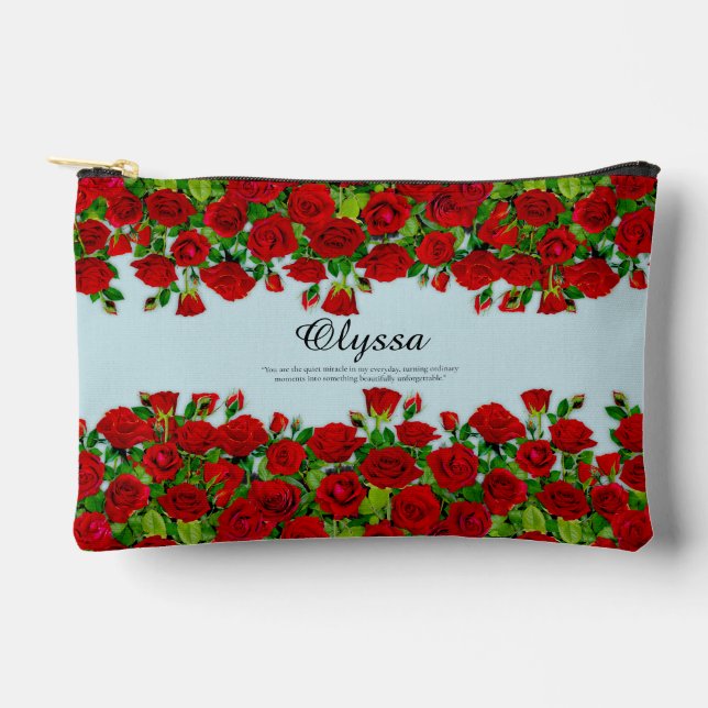 Classic Red Rose Garden Romantic Custom Name  Accessory Pouch (Front)