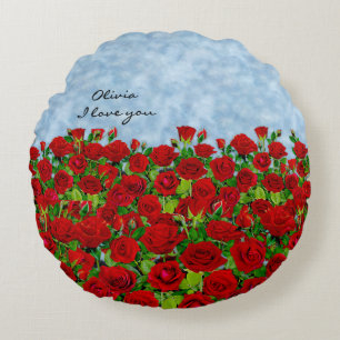 Classic Red Rose Garden Romantic Name Round Cushion