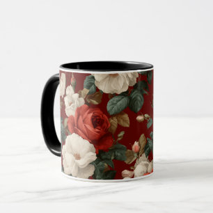 Classic Red Rose White Floral Pattern Mug