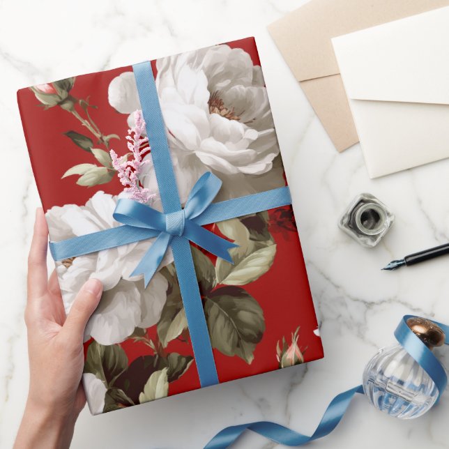 Classic Red Rose White Floral Pattern Wrapping Paper (Gifting)