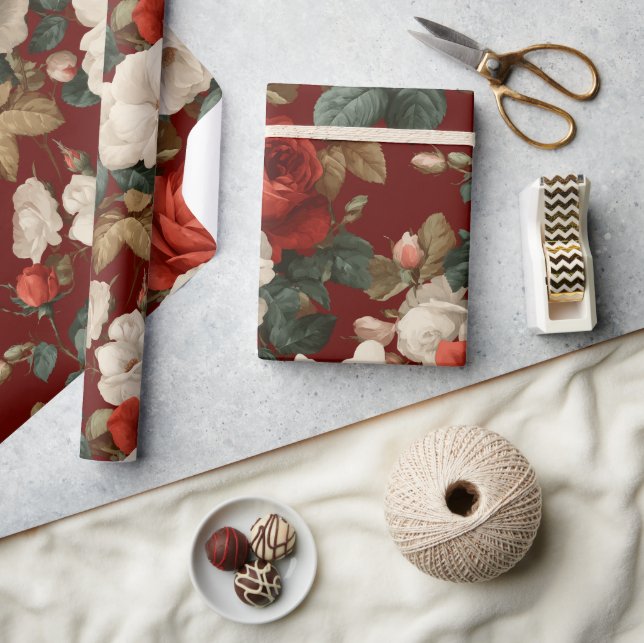 Classic Red Rose White Floral Pattern Wrapping Paper (Crafts)
