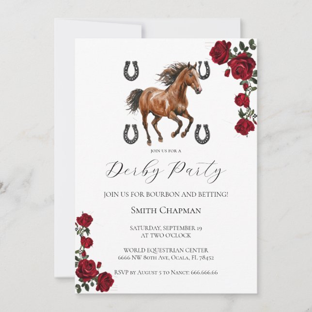Classic Red Rose Wreath Kentucky Derby Invitation  (Front)