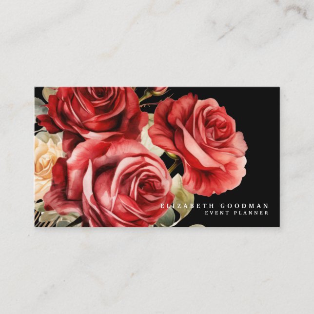 Classic Red Roses Black Business Cards (Front)
