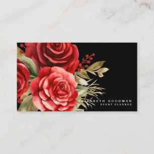 Classic Red Roses Black Business Cards