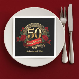 Classic Red Roses & Gold 50th Wedding Anniversary Napkin