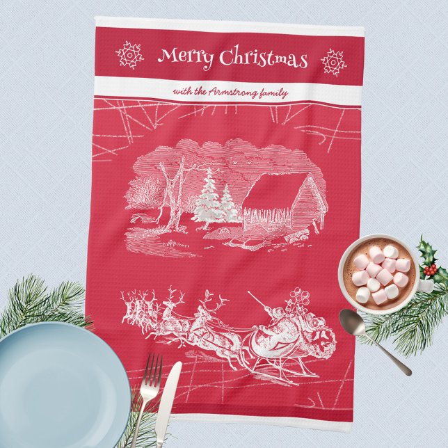 Classic Red Santa Claus Christmas Tea Towel (Merry Christmas 🎅🏻 Santa Sleigh Reindeers Red Kitchen Towel ©Susanne Sachers - Sunny Mind Design )
