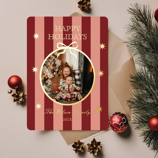 Classic Red Striped Photo Holiday Card (Creator Uploaded)